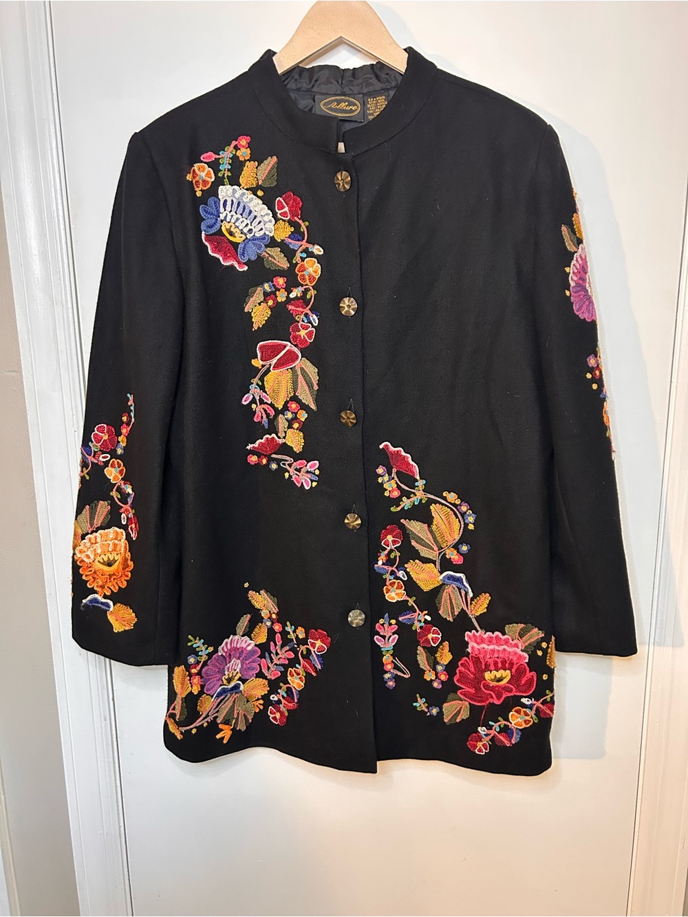 ALURE BLACK WOOL BLEND JACKET W/ COLORFUL FLORAL EMBROIDERY SZ LG
